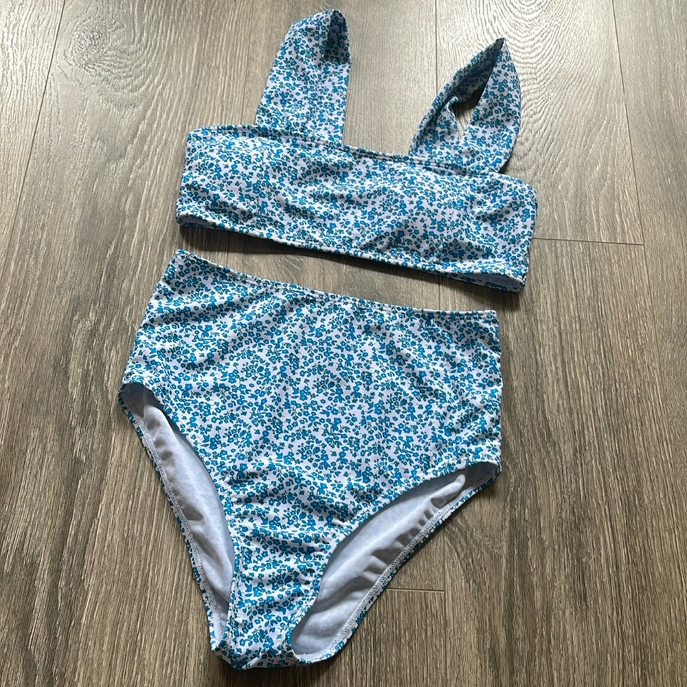 💕BOGO💕SHEIN blue floral high waisted bathing suit bikini swim retro